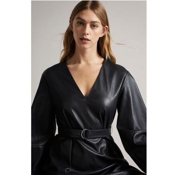 Ted Baker Black Optunia PU Belted Mini Dress sz 6 US - Picture 3 of 12